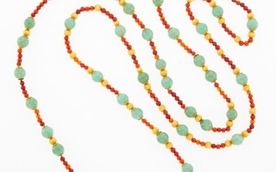 Long Jade, Carnelian and Gold Bead Necklace