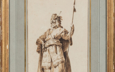 Lot 8 Jean-Baptiste LEPRINCE (Metz 1734 - Seine-et-Marne 1781) Gardien du temple Plume et lavis 38 x 22 cm Cachet...