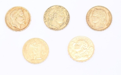 Lot of 5 gold coins of 20 francs including :...
