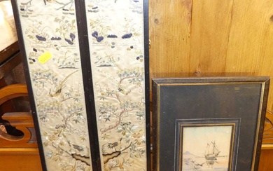 Lot details A pair of Japanese silkworks depicting exotic birds...