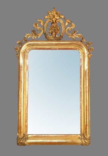 Louis Philippe style wood and stucco mirror with golden patina,...