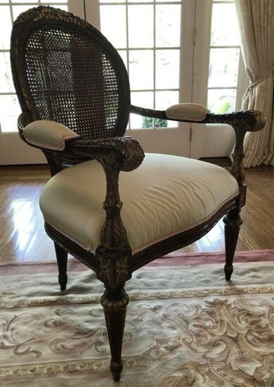Louis XVI Carved & Caned Upholstered Bergere Chair