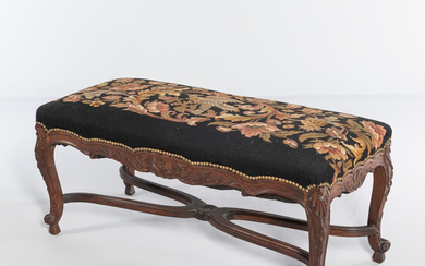Louis XV-style Needlepoint-upholstered Carved Fruitwood Bench