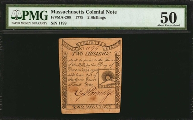 MA-268. Massachusetts. 1779. 2 Shillings. PMG About Uncirculated 50.