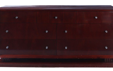 MAHOGANY ART DECO STYLE OVERSIZED DRESSER WITH SEVEN DRAWERS.