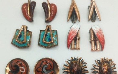 MATISSE RENOIR; Six Pair Modernist Enamel On Copper Earrings