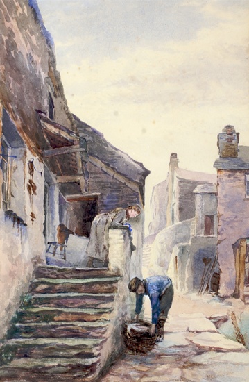 ME Cawardine (19th Century), a watercolour of a fisherman and his wife, amongst buildings and a dock, framed. Signed lower right, 40.5cm x 26.5cm exc. frame