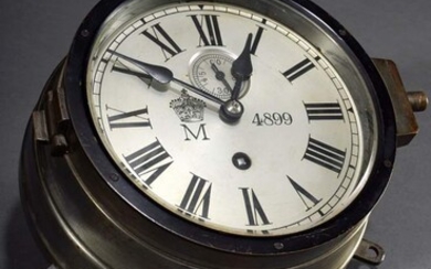 Marine chronometer in brass case (num. 2331756) with metal dial and Roman numerals and small second , maker "M under imperial crown 4899", around 1900, Ø 19cm, key present (no guarantee on movement and functionality)