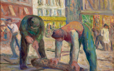 Maximilien LUCE 1858 - 1941 Travaux sur la chaussée, les charpentiers - circa 1930-1935 Huile sur toile