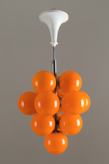 Metal chandelier with orange glass spheres