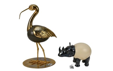 Mid-Century Mounted Ostrich Egg in the form of a Rhinoceros, Together with a Bird - A vintage