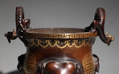 Ming Dynasty Fine Cast Copper Body Gilded Round Longevity Pattern Elephant Foot Chilong Ears Furnace
