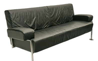 Modern 76" Black Leather and Chrome Designer Sofa