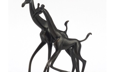 Modernist patinated bronze of two giraffes in the style of K...