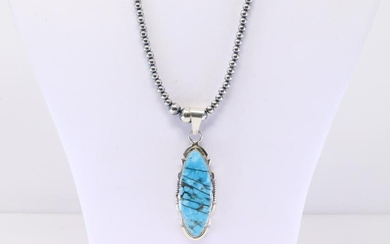 Native America Navajo Handmade Sterling Silver Turquoise Inlay Pendant & Necklace By Steve