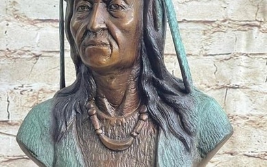 Native American Clothed In Wolf Headdress Bronze Bust Sculpture - 12lbs