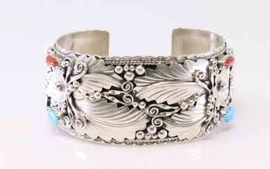 Native American Navajo Sterling Silver Coral & Turquoise Bracelet Cuff By Larry Etcitty.