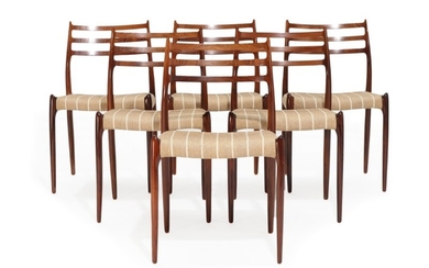 Niels O. Møller: A set of six Brazilian rosewood side chairs, seats with light stribed wool. Manufactured by J. L. Møller (6)