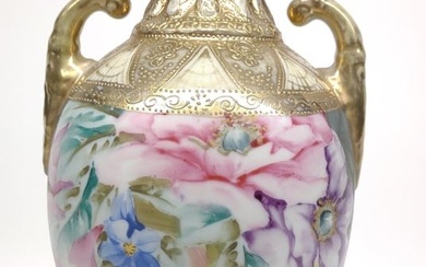 Nippon Floral Gold Enamel Porcelain Urn Vase
