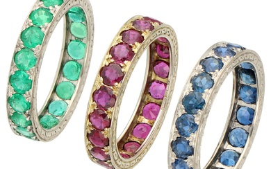 No Reserve - Three 18K white gold alliance stacking rings set with ruby, sapphire and...
