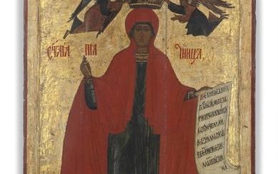 Novgorod School, 16th-17th century: A Russian icon depicting The Holy Martyr St. Paraskeva Piatnitsa. Tempera on wooden panel with “kovcheg”. 67×49 cm.