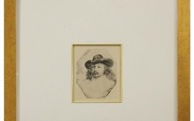 Old Masters Drypoint Etching Portrait Man Wearing Hat