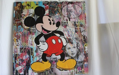 Oversized Framed Mickey Mouse on Eclectic Modern Backdrop Gicless Canvas 55 x 55