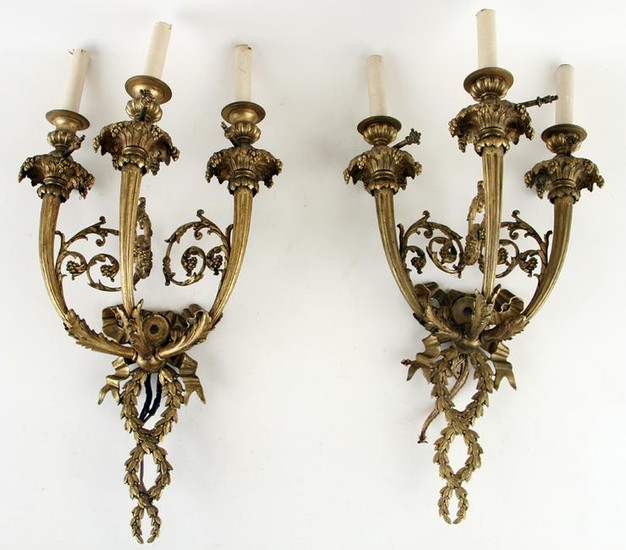 PAIR 19TH C. FRENCH BRONZE 3-ARM WALL SCONCES