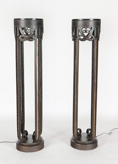 PAIR ART DECO IRON AND MARBLE TOP PEDESTALS