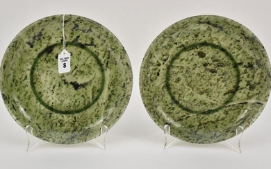 PAIR CHINESE SPINACH JADE PLATES. Each with mark in