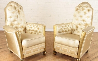 PAIR OF ART DECO UPHOLSTERED CLUB CHAIRS BALL FEET
