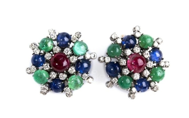 PAIR OF FLORAL MOTIF EMERALD, SAPPHIRE, RUBY AND