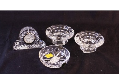 PAIR OF WATERFORD CRYSTAL CANDLE HOLDERS, CLOCK + DISH