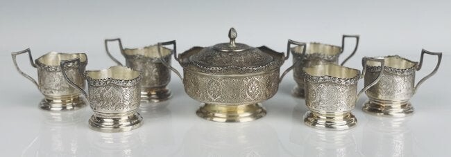 PERSIAN SILVER CUP HOLDERS AND SUGAR POT