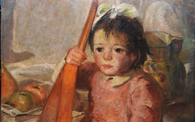 PORTRAIT OF LITTLE GIRL WITH MANDOLIN ANTIQUE