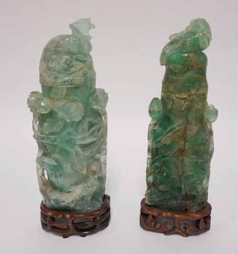 PR OF ASIAN CARVED GREEN QUARTZ STATUES ON CARVED