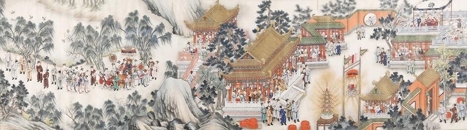 PROCESSION ANONYME (19e SIÈCLE) Peinture chinoise de rouleau de main en deux sections, gouache et...