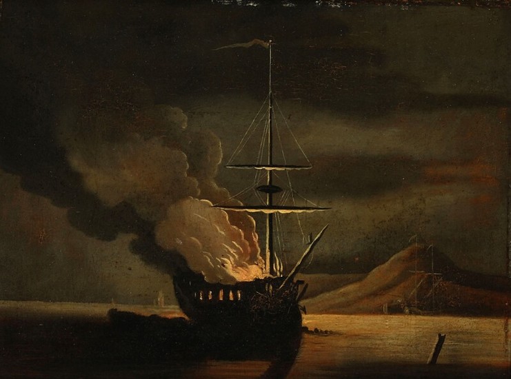 Painter unknown, 18th -19th century: Ubekendt kunstner. Marine med et sejlskib i flammer. Usigneret. Olie på træ. 26×35.