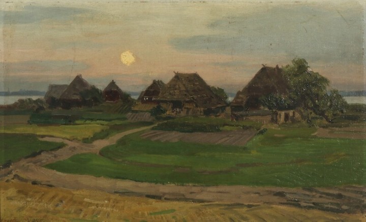 Painter unknown, circa 1900: A landscape with thatched houses in the moonlight. Signed V. Tiefenvang? Oil on paper laid on carbdoard. 28.5×45.5 cm.