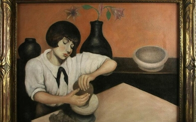 Painting, Girl Making Pottery