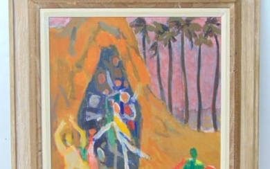 Painting, dancing figures, signed Ikei, oil on Masonite, 18" by 14"