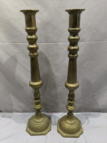 Pair Antique Solid Brass Tall Candlestick Holders