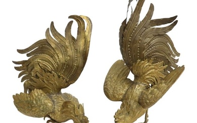 Pair Austrian Gold Painted Bronze Large Fighting Rooster Figures, Early 20th C.