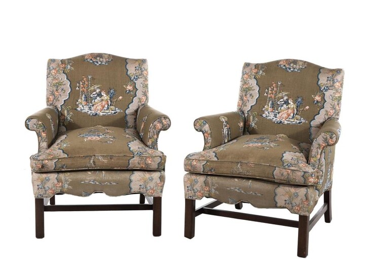 Pair Chippendale style upholstered mahogany armchairs