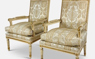 Pair French Louis XVI Style Paint Decorated Carved Giltwood Fauteuil Armchairs