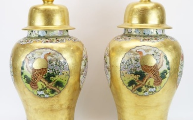 Pair Japanese Satsuma Pottery Dome-Lidded Jars
