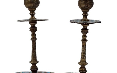 Pair Of 19th C French Champleve Enamel & Bronze Candlesticks