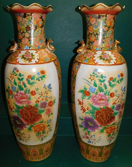 Pair Oriental Paint Decorated Palace Vases