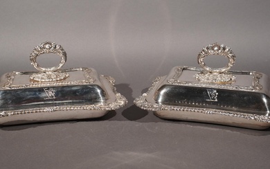 Pair Samuel Turley Regency Old Sheffield Silver Plate Covered Entree Dishes L: 12 in. (30.5 cm.)