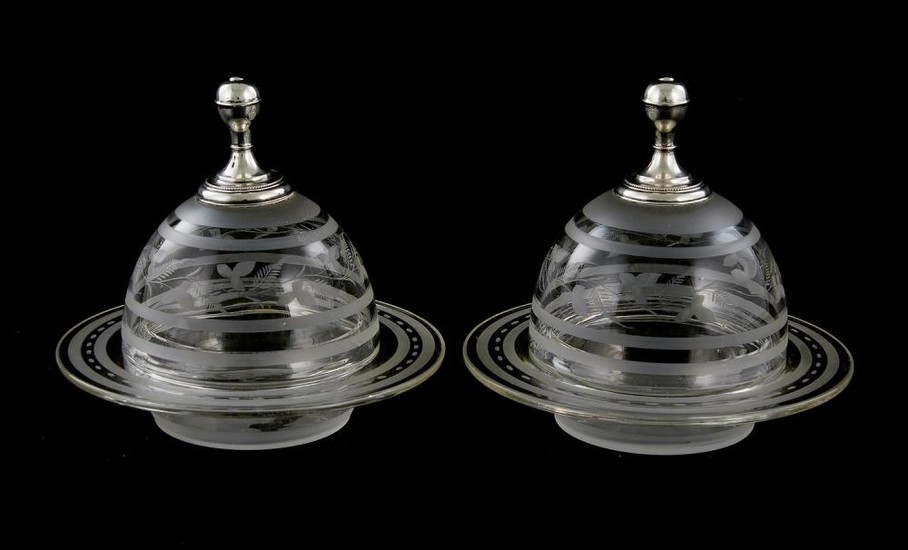 Pair etched glass and silver-mounted dishes
